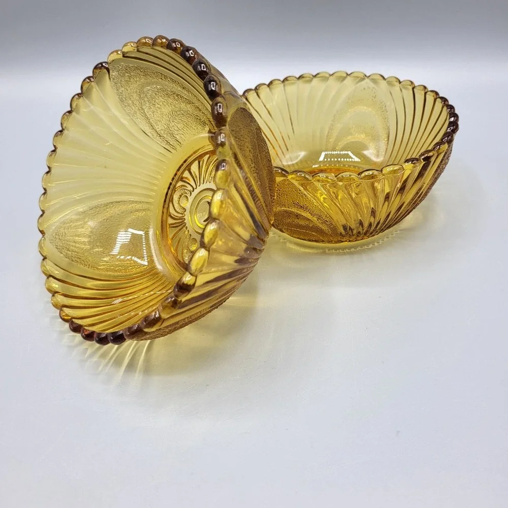 Vtg Amber Glass Dessert Bowls Set Of 2 Scalloped Edge Pressed Glass